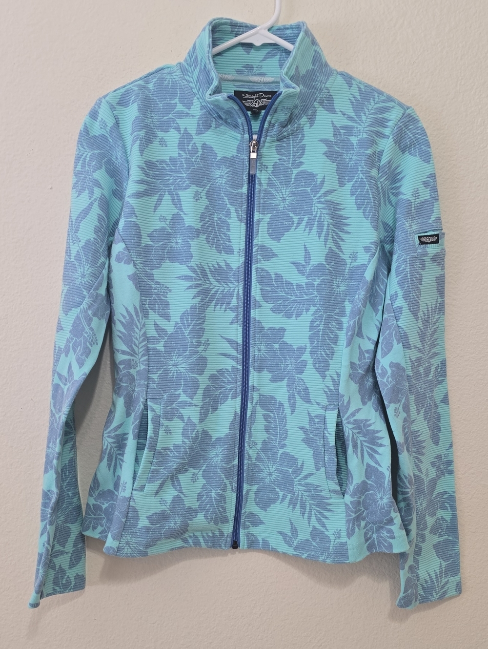 Signature Design Aqua Floral Zip-Front Jean Jacket
